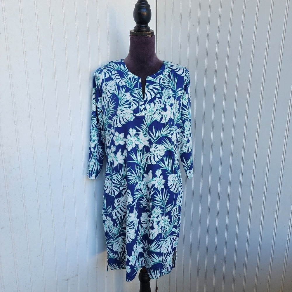 STELLA PARKER Woman’s Floral Shif Dress Blue White Green Leaf 3/4 Sleeve M